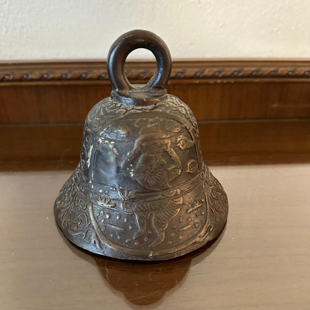 Vintage Black Cast Metal Bell Burmese or Native American Design Beautiful Sound